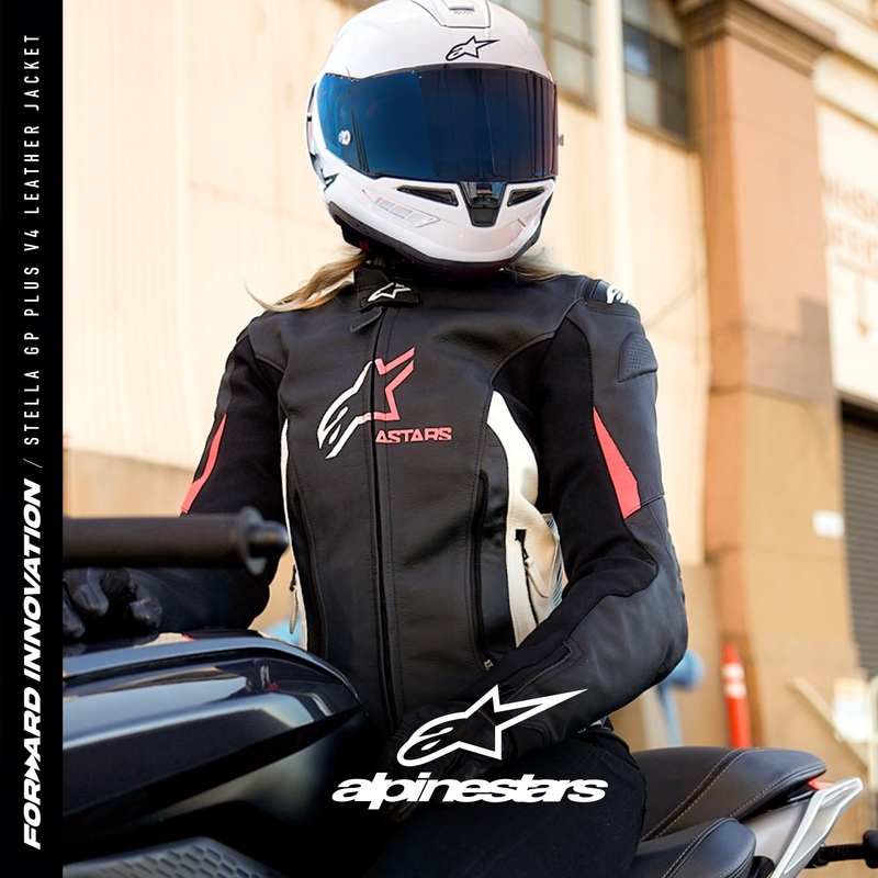 Alpinestars GP PLUS 4 sieviešu motocikla jaka melnā, baltā un rozā krāsā