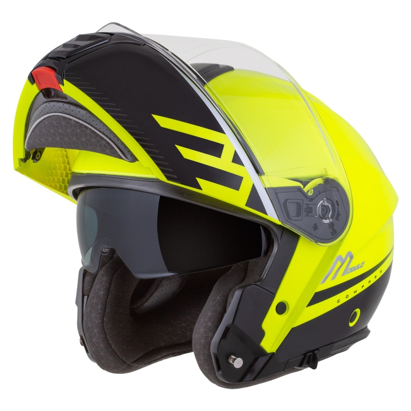 Cassida Modulo 2.1 Compass fluo dzeltenā-melnā-sudrabsarkanā flip-up moto ķivere