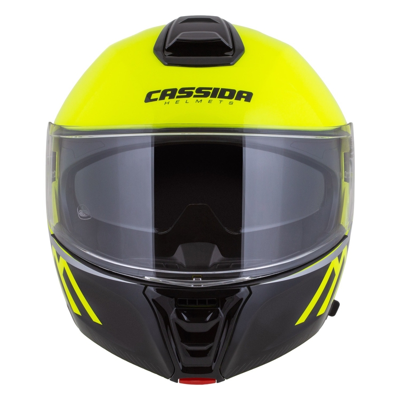 Cassida Modulo 2.1 Compass fluo dzeltenā-melnā-sudrabsarkanā flip-up moto ķivere