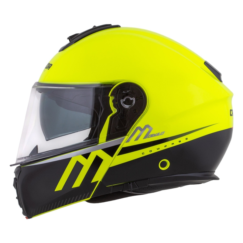 Cassida Modulo 2.1 Compass fluo dzeltenā-melnā-sudrabsarkanā flip-up moto ķivere