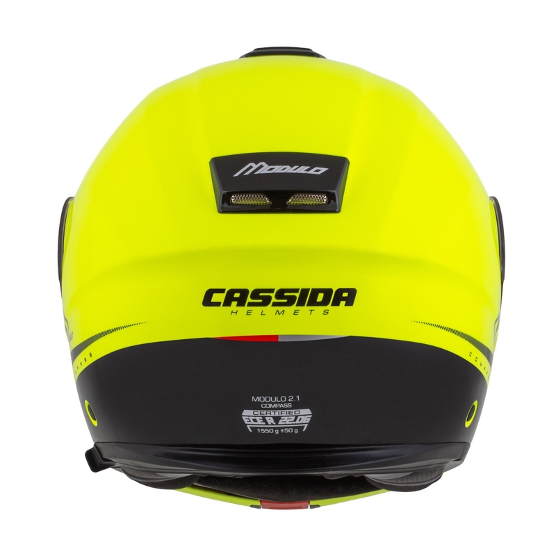 Cassida Modulo 2.1 Compass fluo dzeltenā-melnā-sudrabsarkanā flip-up moto ķivere