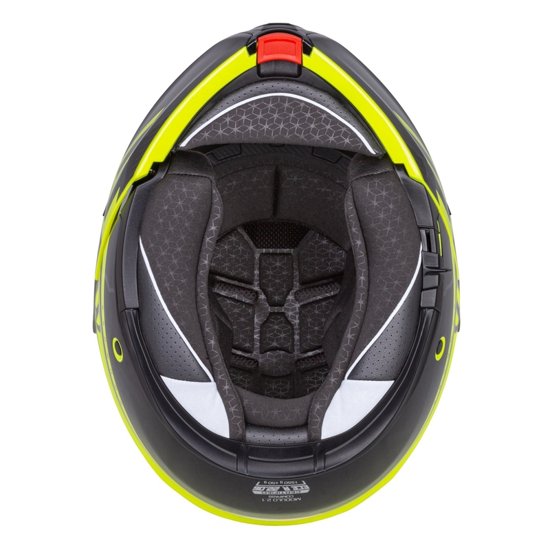 Cassida Modulo 2.1 Compass fluo dzeltenā-melnā-sudrabsarkanā flip-up moto ķivere