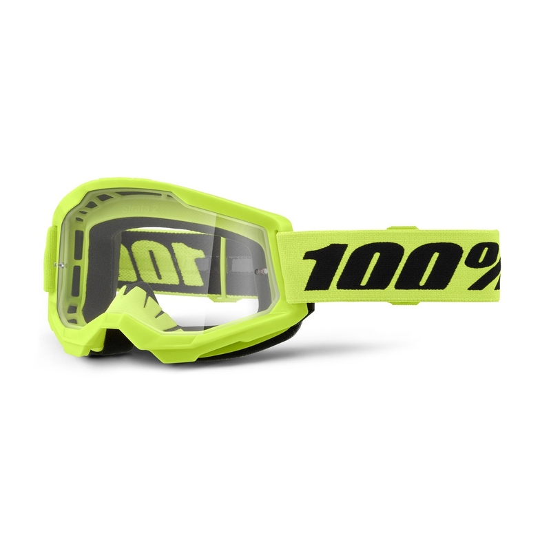 Bērnu motokrosa brilles 100% STRATA 2 neona dzeltenas caurspīdīgas pleksi brilles