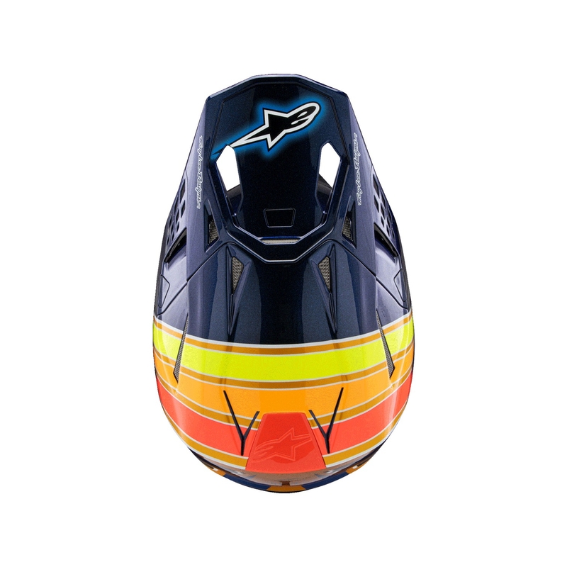 Alpinestars Supertech S-M10 motokrosa ķivere TROY LEE DESIGNS perlamutra zilā-fluo oranžā-dzeltenā-sarkanā krāsā