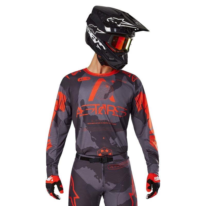 Alpinestars Racer Hollow pelēks kamuflāžas-fluo oranžs motokrosa krekls
