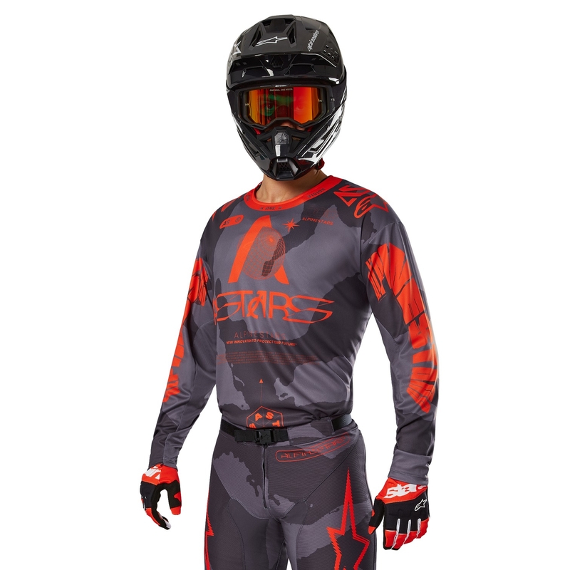 Alpinestars Racer Hollow pelēks kamuflāžas-fluo oranžs motokrosa krekls