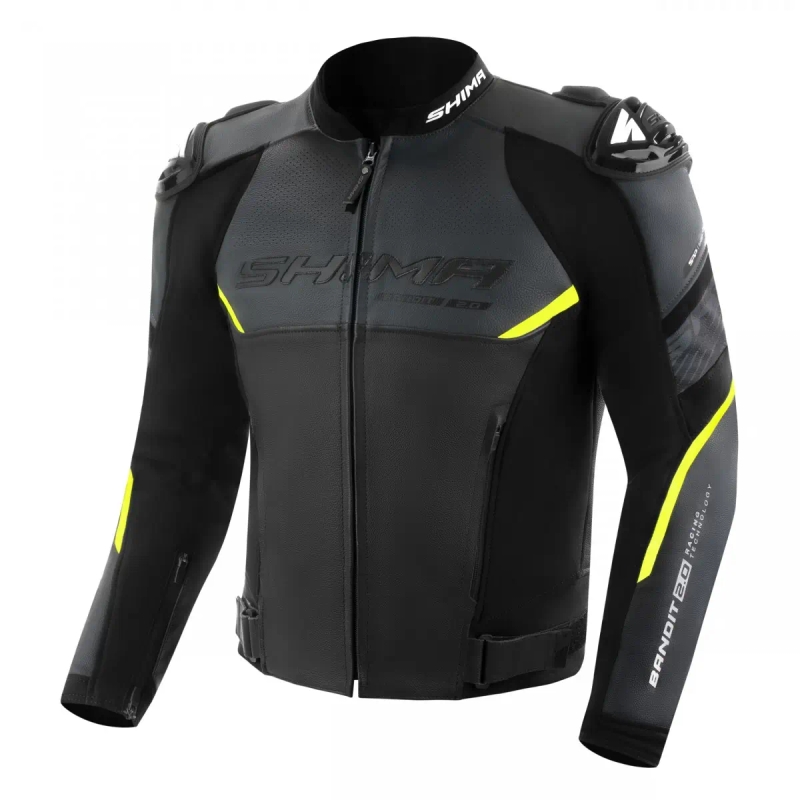 Shima Bandit 2.0 melns-balts-fluo dzeltens ādas motocikla jaka