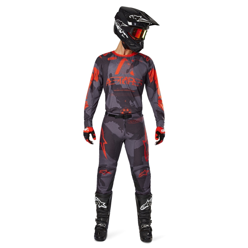 Alpinestars Racer Racer Hollow Motokrosa bikses pelēkas, kamuflāžas, fluo oranžā krāsā