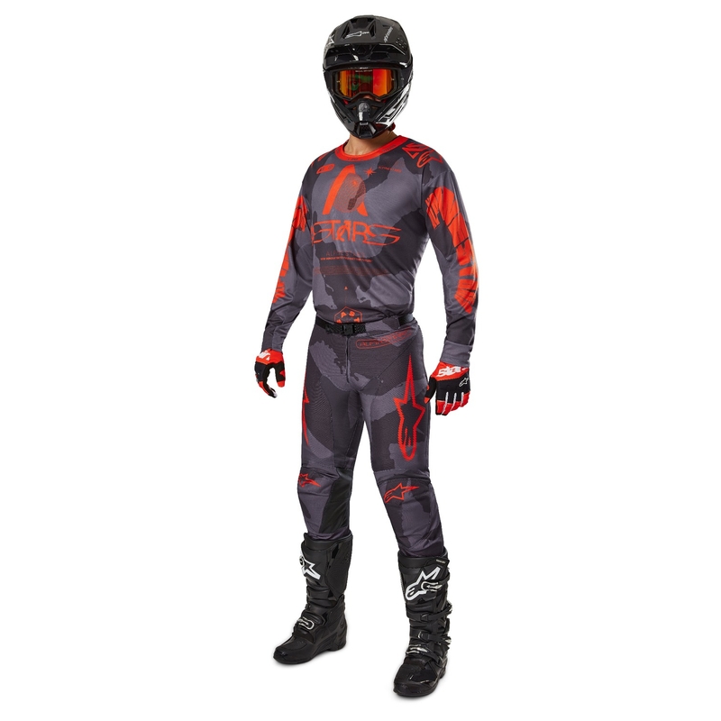 Alpinestars Racer Racer Hollow Motokrosa bikses pelēkas, kamuflāžas, fluo oranžā krāsā
