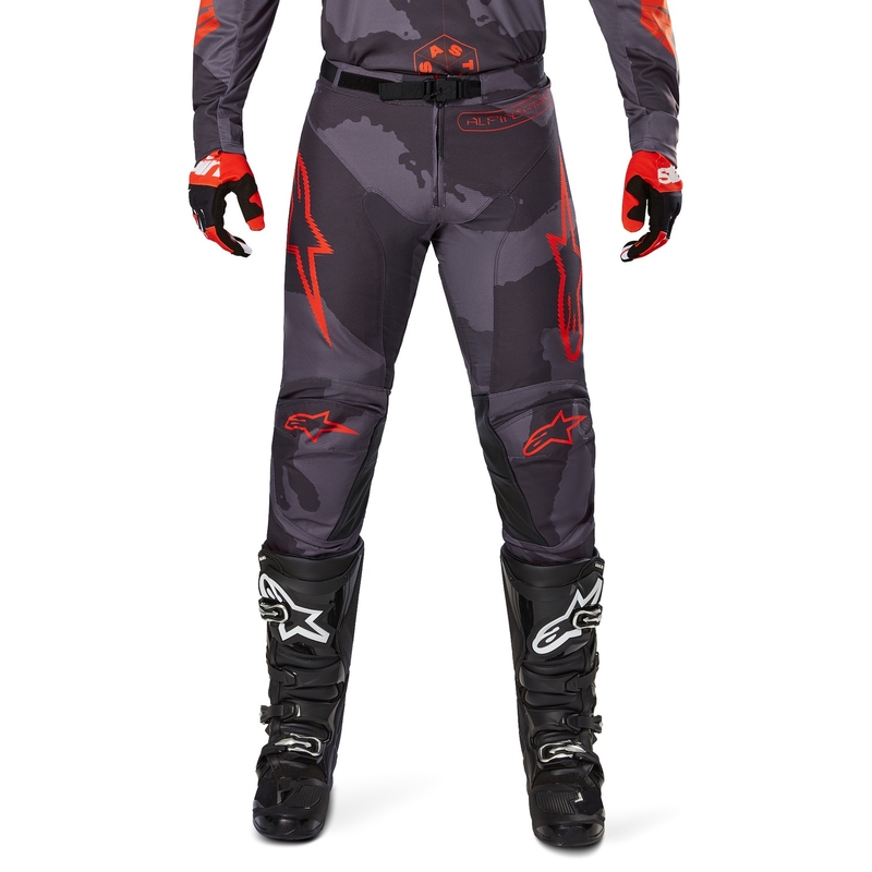 Alpinestars Racer Racer Hollow Motokrosa bikses pelēkas, kamuflāžas, fluo oranžā krāsā