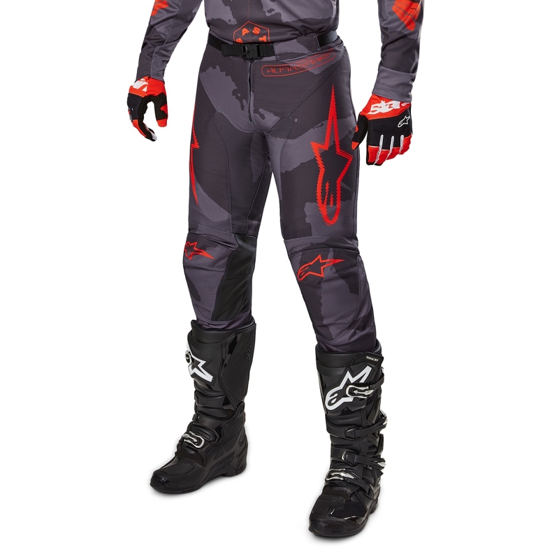 Alpinestars Racer Racer Hollow Motokrosa bikses pelēkas, kamuflāžas, fluo oranžā krāsā