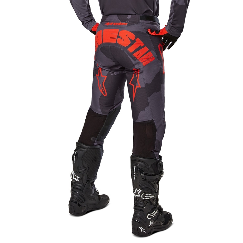 Alpinestars Racer Racer Hollow Motokrosa bikses pelēkas, kamuflāžas, fluo oranžā krāsā