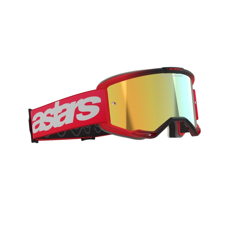 Alpinestars Vision 5 Blaze motokrosa brilles sarkanas ar spoguļstikliem un zelta pleksi stiklu