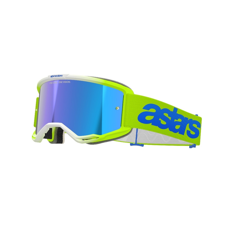 Alpinestars Vision 5 Blaze fluo dzelteni-zilas motokrosa brilles ar spoguļstikla zilām pleksi brillēm