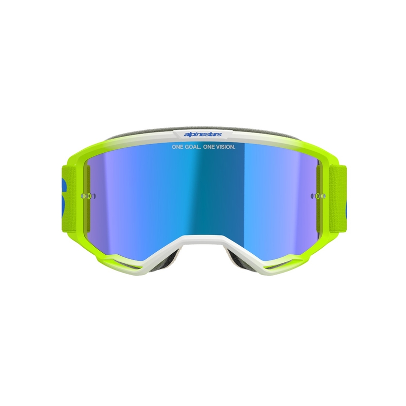 Alpinestars Vision 5 Blaze fluo dzelteni-zilas motokrosa brilles ar spoguļstikla zilām pleksi brillēm