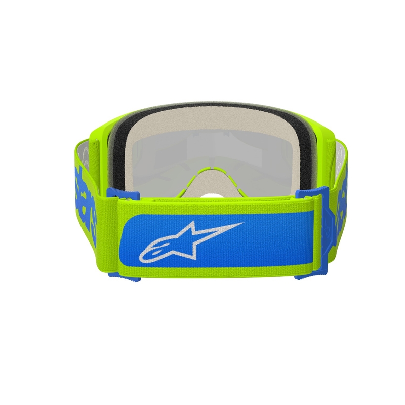 Alpinestars Vision 5 Blaze fluo dzelteni-zilas motokrosa brilles ar spoguļstikla zilām pleksi brillēm