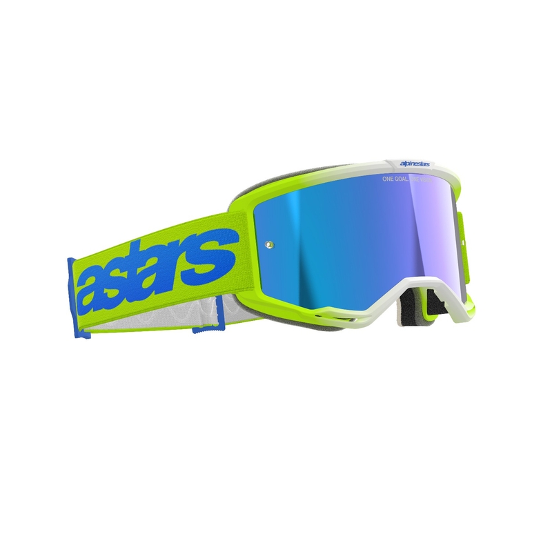 Alpinestars Vision 5 Blaze fluo dzelteni-zilas motokrosa brilles ar spoguļstikla zilām pleksi brillēm