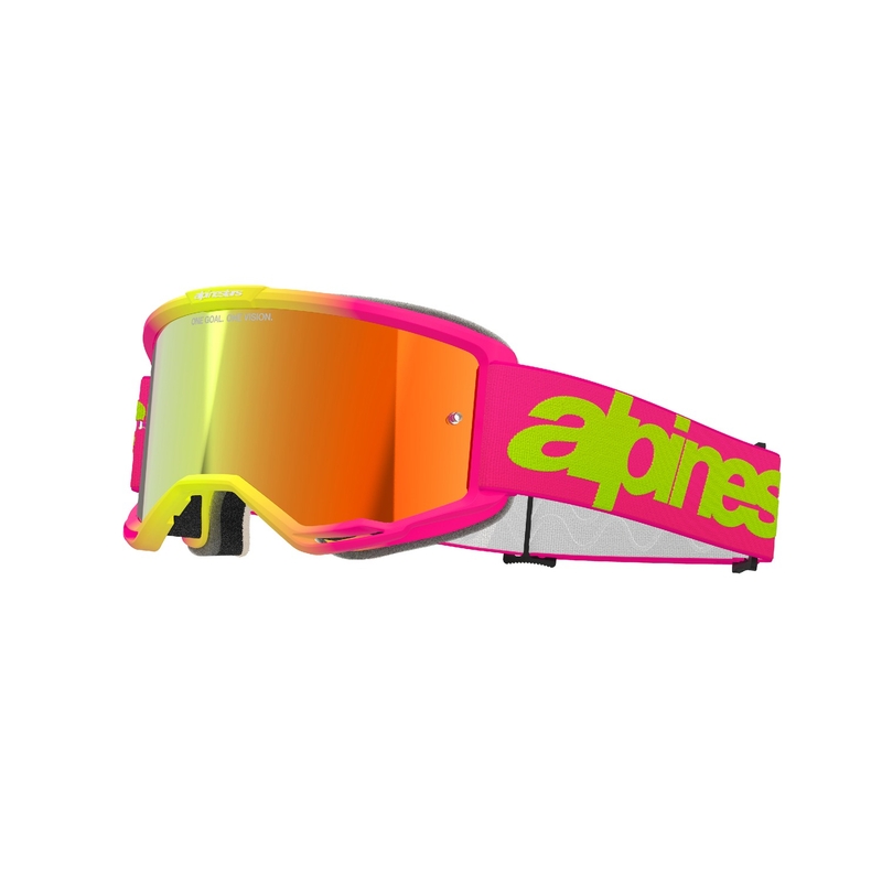Alpinestars Vision 5 Wordmark rozā-fluo dzeltenas motokrosa brilles ar spoguļstikla sarkanu pleksi pārklājumu