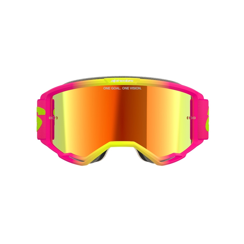 Alpinestars Vision 5 Wordmark rozā-fluo dzeltenas motokrosa brilles ar spoguļstikla sarkanu pleksi pārklājumu
