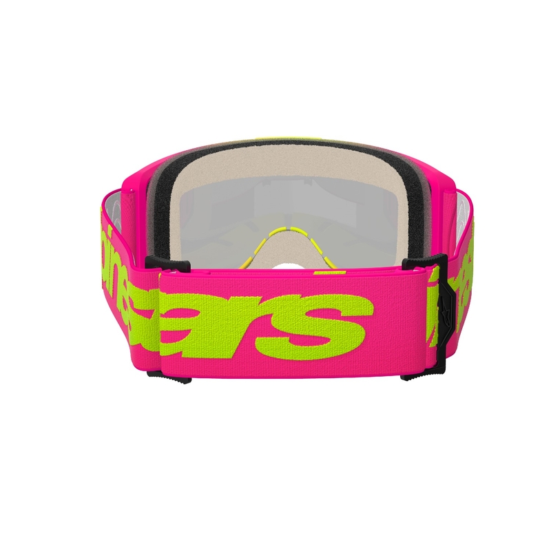 Alpinestars Vision 5 Wordmark rozā-fluo dzeltenas motokrosa brilles ar spoguļstikla sarkanu pleksi pārklājumu