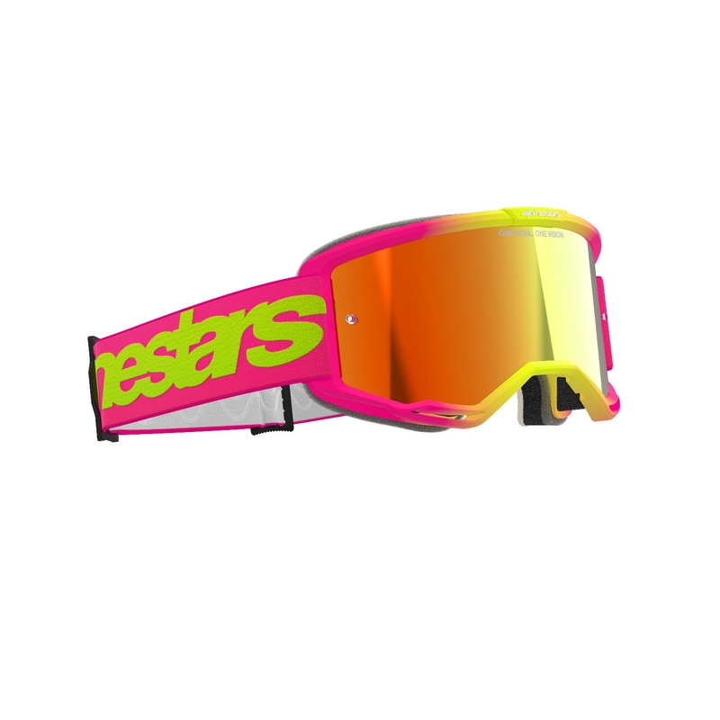 Alpinestars Vision 5 Wordmark rozā-fluo dzeltenas motokrosa brilles ar spoguļstikla sarkanu pleksi pārklājumu
