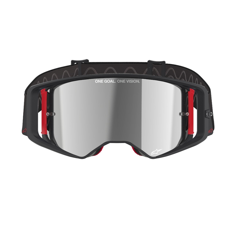 Alpinestars Supertech Corp melnas un sarkanas motokrosa brilles ar spoguļstikliem sudraba krāsā