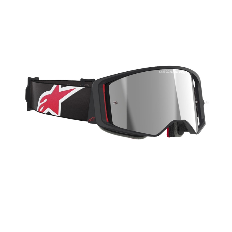 Alpinestars Supertech Corp melnas un sarkanas motokrosa brilles ar spoguļstikliem sudraba krāsā