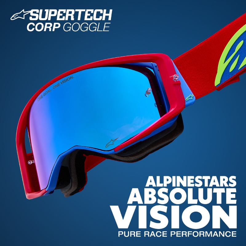 Alpinestars Supertech Corp baltas un zelta motokrosa brilles ar spoguļstikliem zelta krāsā