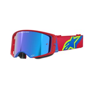 Alpinestars Supertech Corp sarkanas un zilas motokrosa brilles ar spoguļstikla sudraba lēcām