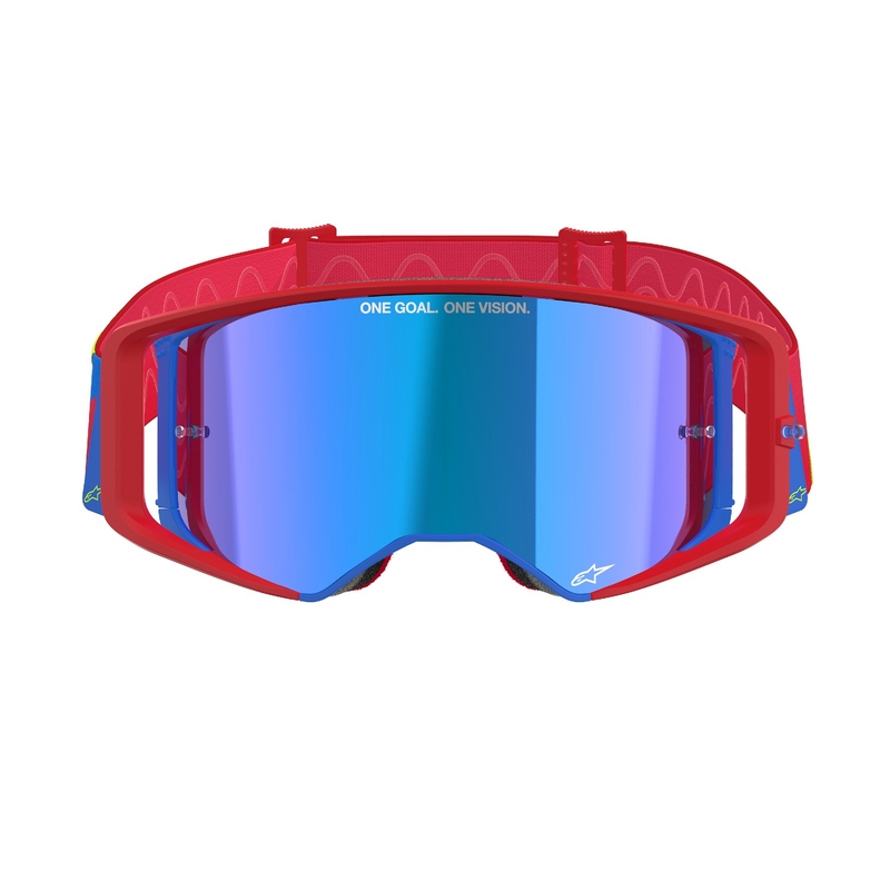 Alpinestars Supertech Corp sarkanas un zilas motokrosa brilles ar spoguļstikla sudraba lēcām
