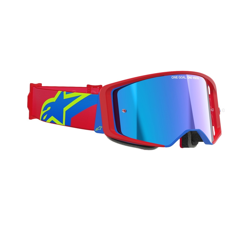 Alpinestars Supertech Corp sarkanas un zilas motokrosa brilles ar spoguļstikla sudraba lēcām