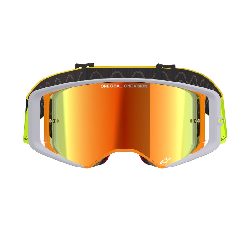 Alpinestars Supertech Corp fluo dzelteni pelēkas motokrosa brilles ar spoguļstikla sarkanu lēcu