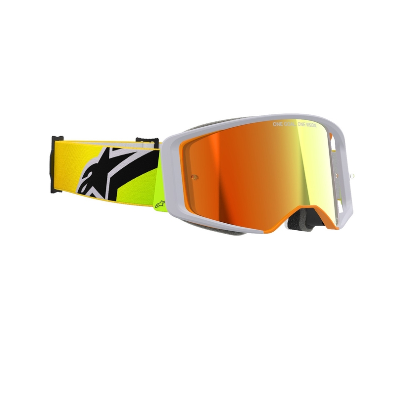 Alpinestars Supertech Corp fluo dzelteni pelēkas motokrosa brilles ar spoguļstikla sarkanu lēcu