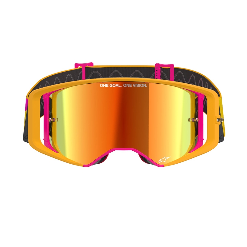 Alpinestars Supertech Corp motokrosa brilles dzelteni-rozā krāsā ar spoguļstikla sarkanu lēcu