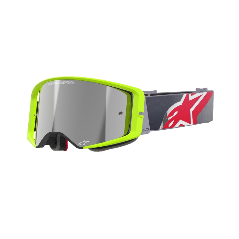Alpinestars Supertech Corp fluo dzeltenas un sarkanas motokrosa brilles ar spoguļstikla sudraba lēcām