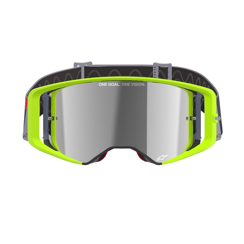 Alpinestars Supertech Corp fluo dzeltenas un sarkanas motokrosa brilles ar spoguļstikla sudraba lēcām
