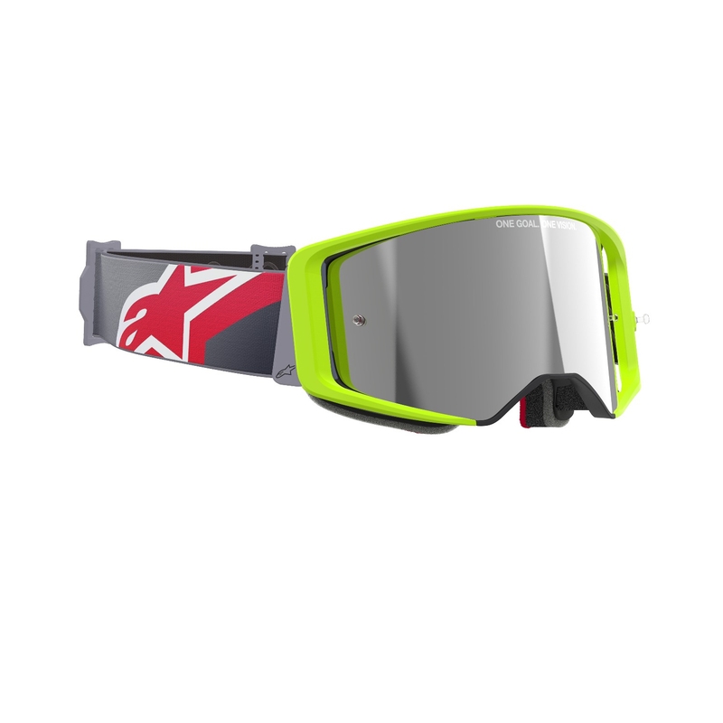 Alpinestars Supertech Corp fluo dzeltenas un sarkanas motokrosa brilles ar spoguļstikla sudraba lēcām