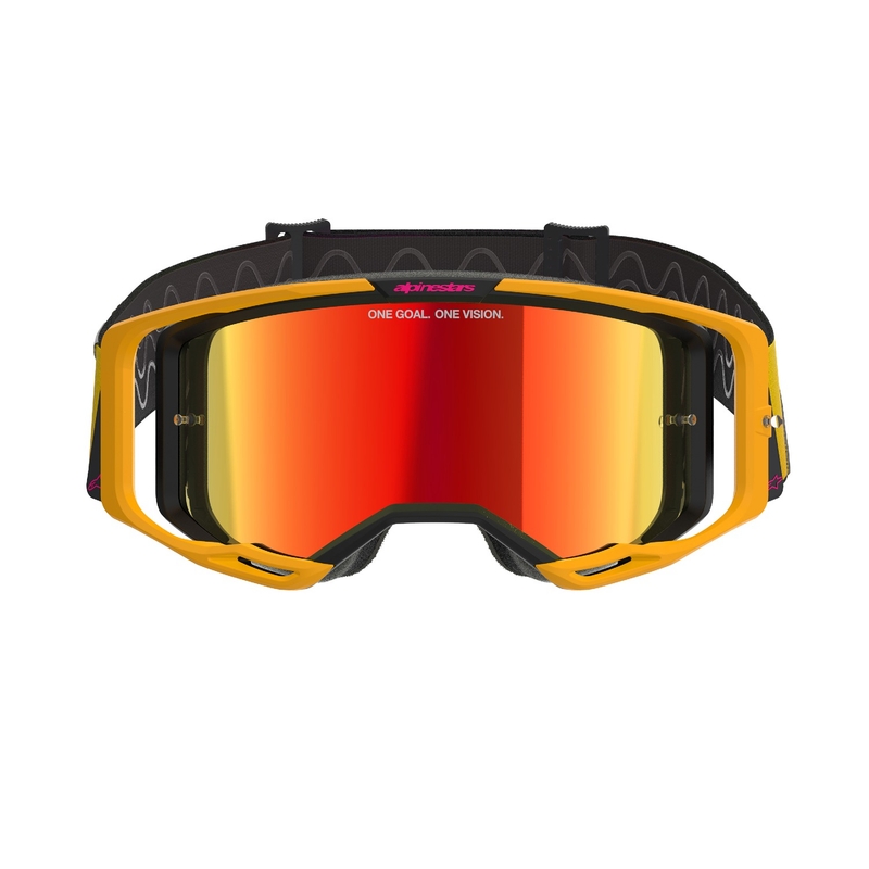 Alpinestars Vision 8 Corp motokrosa brilles dzelteni-rozā krāsā ar spoguļstikla sarkanu lēcu