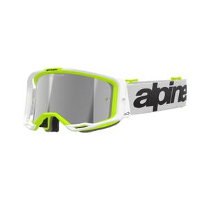 Alpinestars Vision 8 Wordmark motokrosa aizsargbrilles baltā-fluo dzeltenā krāsā ar sudraba spoguļstikla lēcām