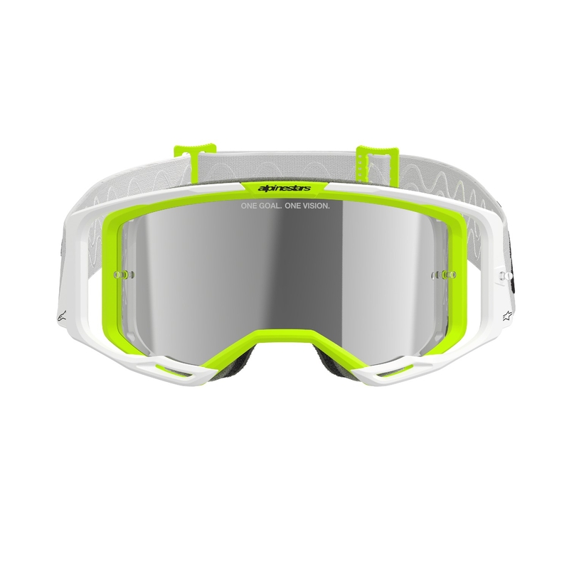 Alpinestars Vision 8 Wordmark motokrosa aizsargbrilles baltā-fluo dzeltenā krāsā ar sudraba spoguļstikla lēcām