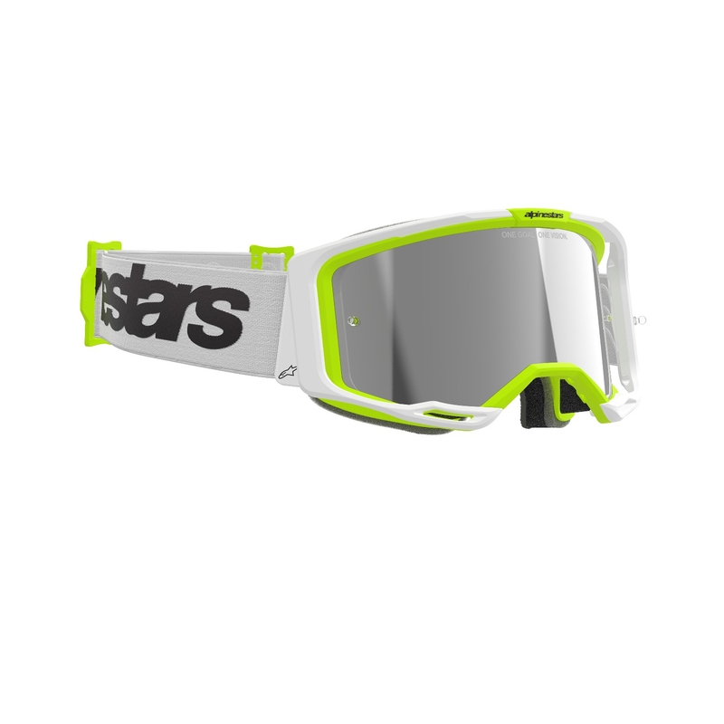 Alpinestars Vision 8 Wordmark motokrosa aizsargbrilles baltā-fluo dzeltenā krāsā ar sudraba spoguļstikla lēcām