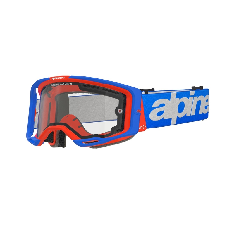 Alpinestars Vision 8 Wordmark motokrosa aizsargbrilles zili oranžā krāsā ar dubulto pret miglošanos caurspīdīgu lēcu
