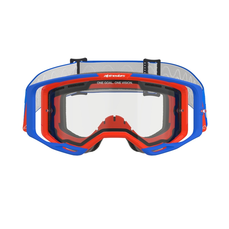 Alpinestars Vision 8 Wordmark motokrosa aizsargbrilles zili oranžā krāsā ar dubulto pret miglošanos caurspīdīgu lēcu