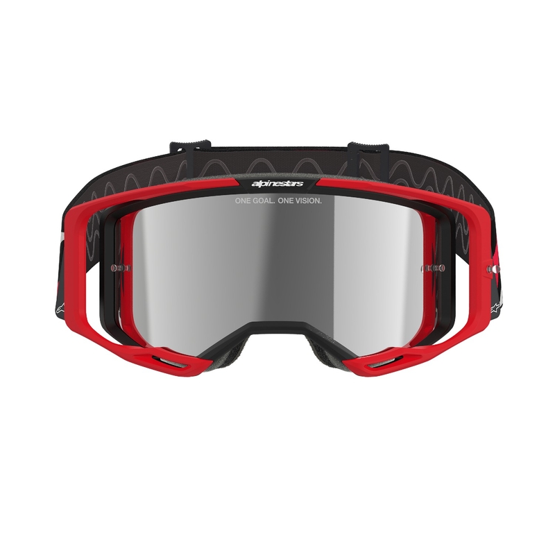 Alpinestars Vision 8 Luar sarkanā un melnā krāsā motokrosa brilles ar spoguļstikla sudraba lēcām