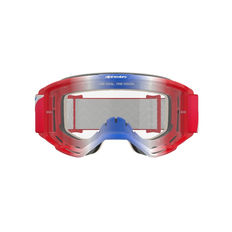Alpinestars Vision 5 Corp sarkanas, baltas un zilas motokrosa brilles ar caurspīdīgu lēcu