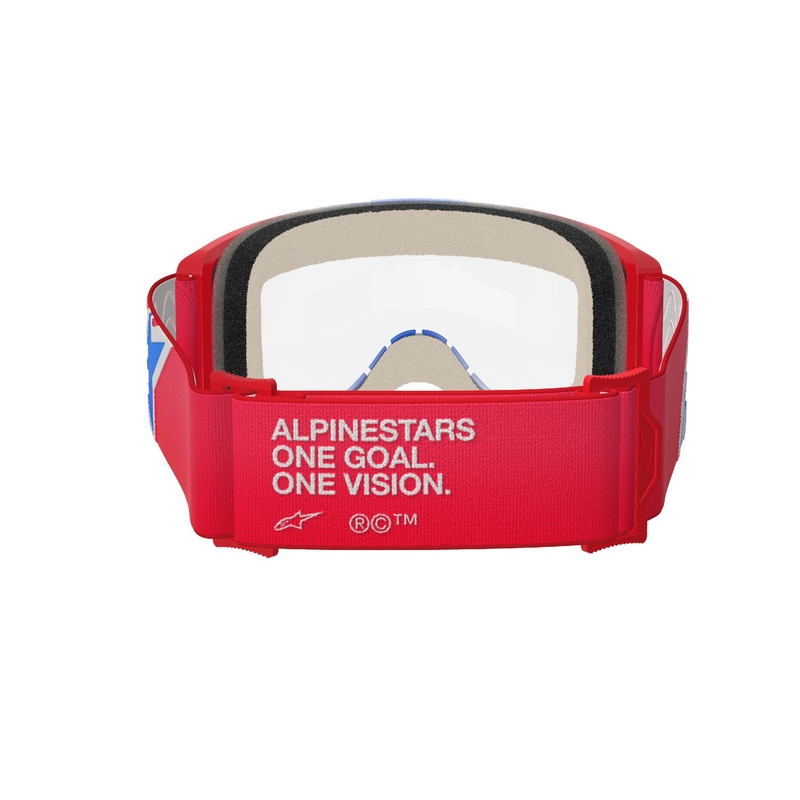 Alpinestars Vision 5 Corp sarkanas, baltas un zilas motokrosa brilles ar caurspīdīgu lēcu