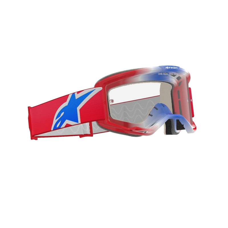 Alpinestars Vision 5 Corp sarkanas, baltas un zilas motokrosa brilles ar caurspīdīgu lēcu