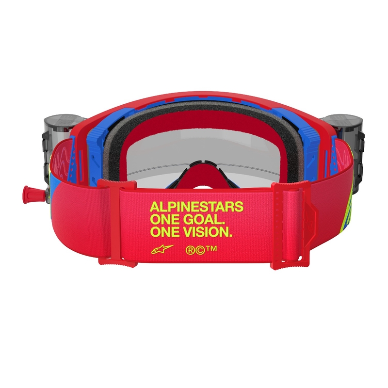 Alpinestars Supertech Corp ROLL-OFF Wide Vision motokrosa brilles sarkanā un zilā krāsā ar caurspīdīgu lēcu