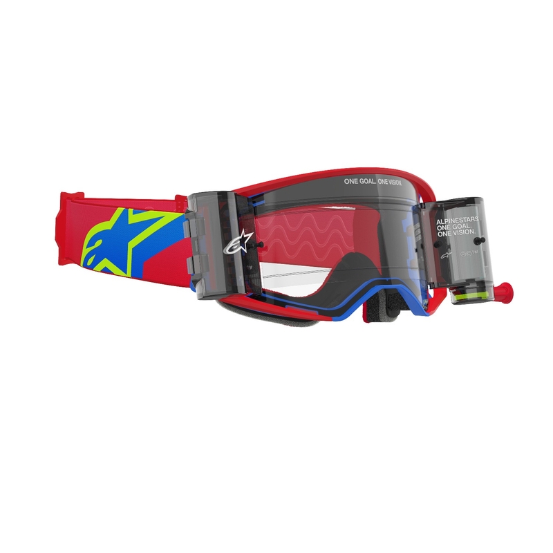 Alpinestars Supertech Corp ROLL-OFF Wide Vision motokrosa brilles sarkanā un zilā krāsā ar caurspīdīgu lēcu