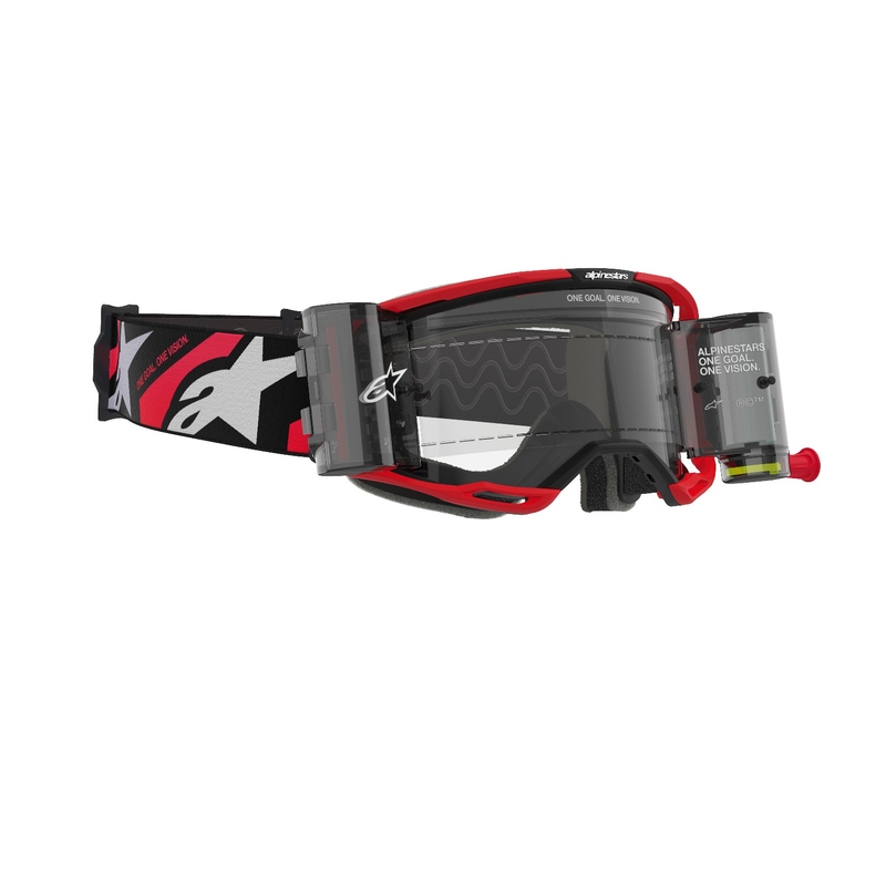 Alpinestars Vision 8 Luar ROLL-OFF Wide Vision motokrosa brilles sarkanā un melnā krāsā ar caurspīdīgu lēcu